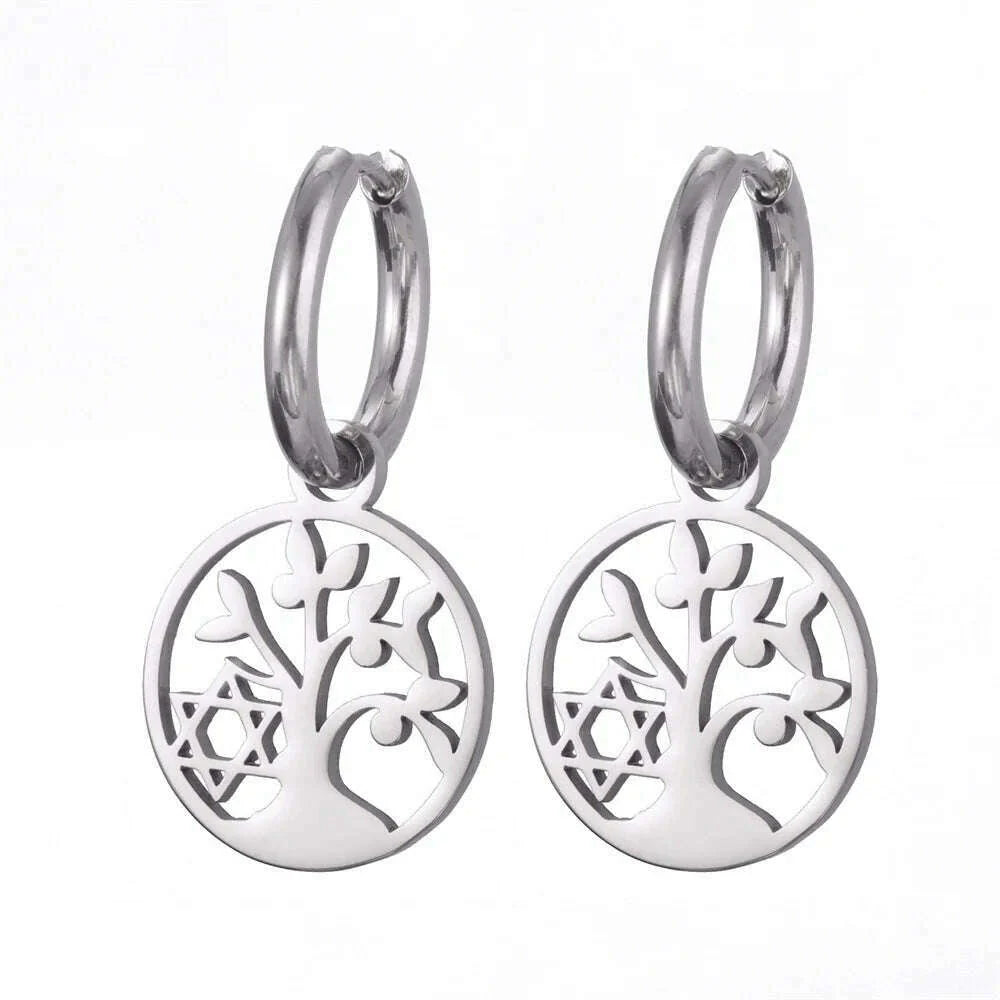 Gold Plated Tree of Life Rond Dangle Hoop Earrings for Women Stainless Steel Luxury Charm Trend Female Earring Jewelry Gifts