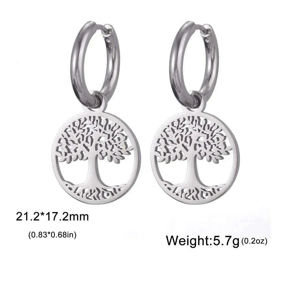 Gold Plated Tree of Life Rond Dangle Hoop Earrings for Women Stainless Steel Luxury Charm Trend Female Earring Jewelry Gifts