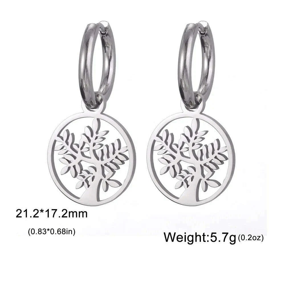 Gold Plated Tree of Life Rond Dangle Hoop Earrings for Women Stainless Steel Luxury Charm Trend Female Earring Jewelry Gifts