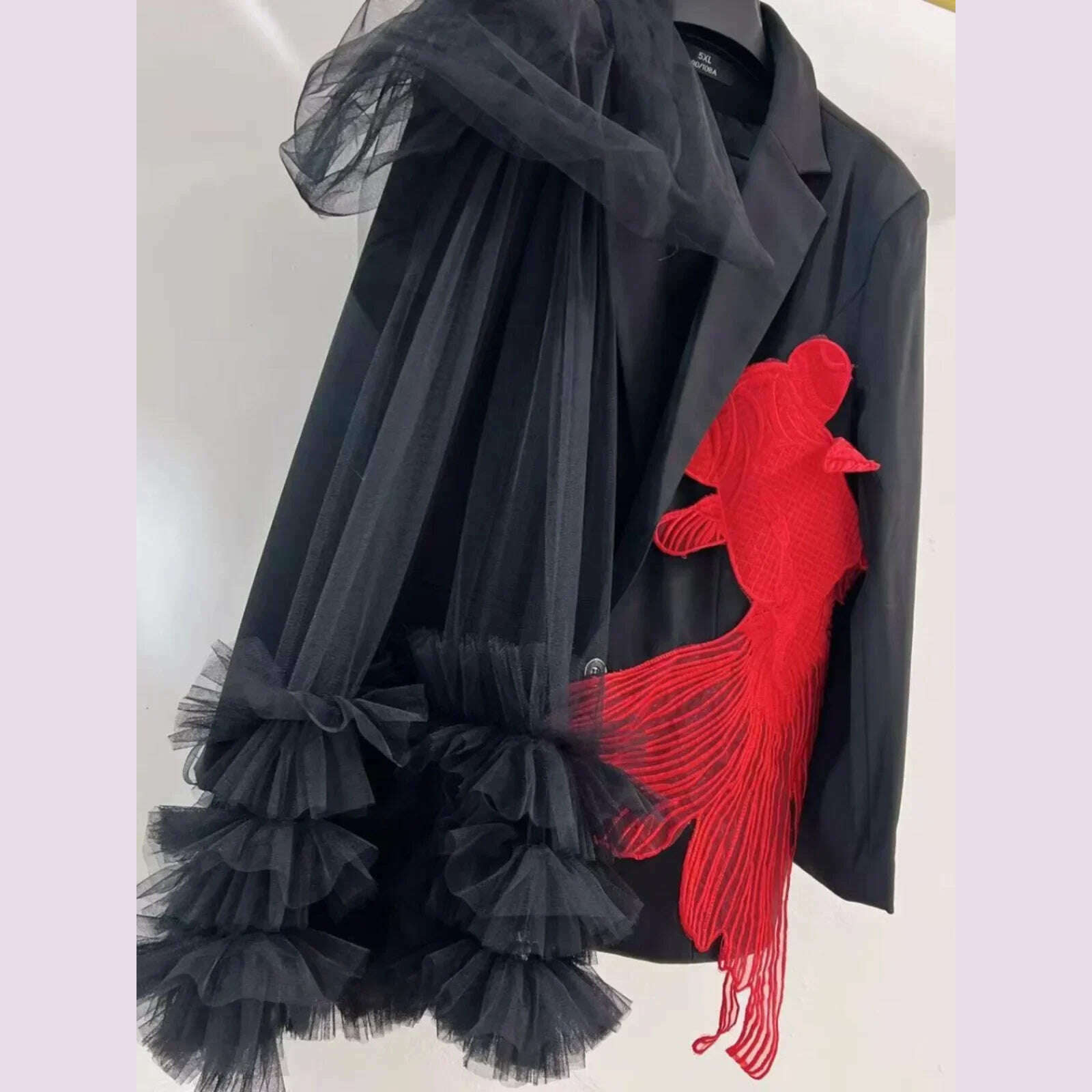 Goldfish Embroidery Mesh Spliced Ruffles Shawl Blazer Coat OL Turn Down Collar Gauze Pleated Suit Jacket Irregular Cardigan Tops