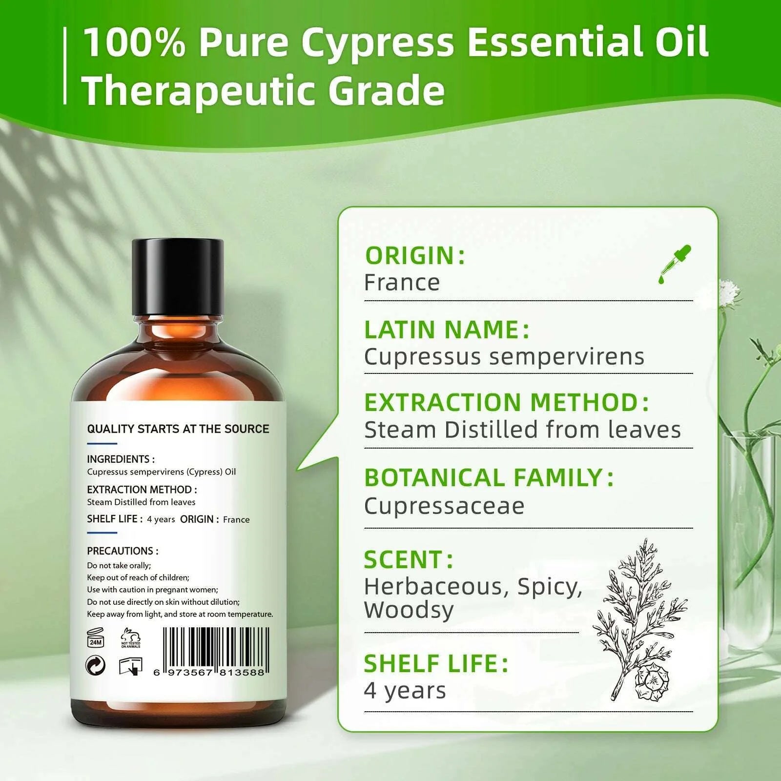 HIQILI 100ML Cypress Essential Oils ,100% Pure Nature for Aromatherapy, Diffuser, Humidifier, Massage, Woody, Relieving stress