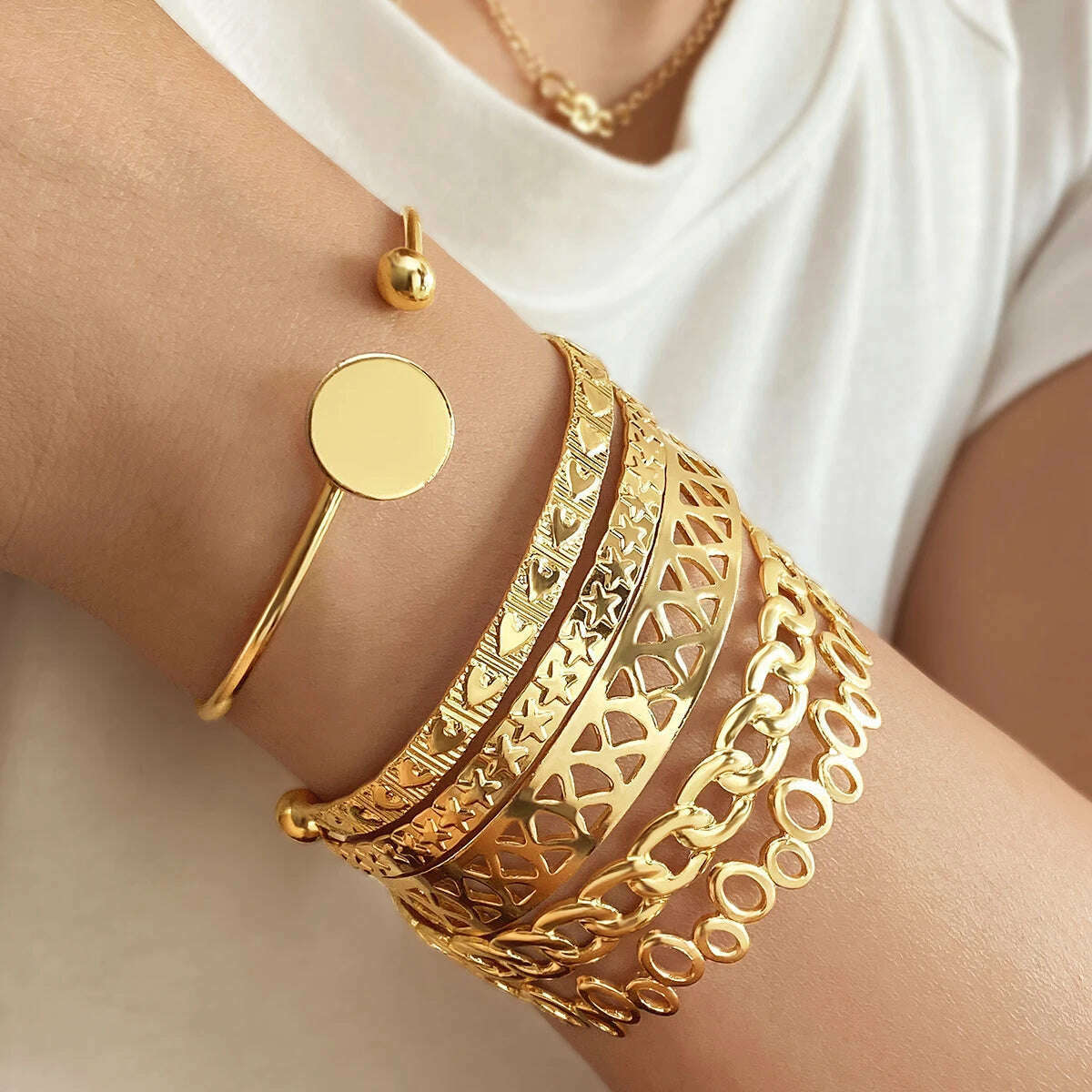 IPARAM New Elegant Letter Love Bangle Gold Color Heart Flower Hollow Opening Bracelets Set Female Trendy Jewelry