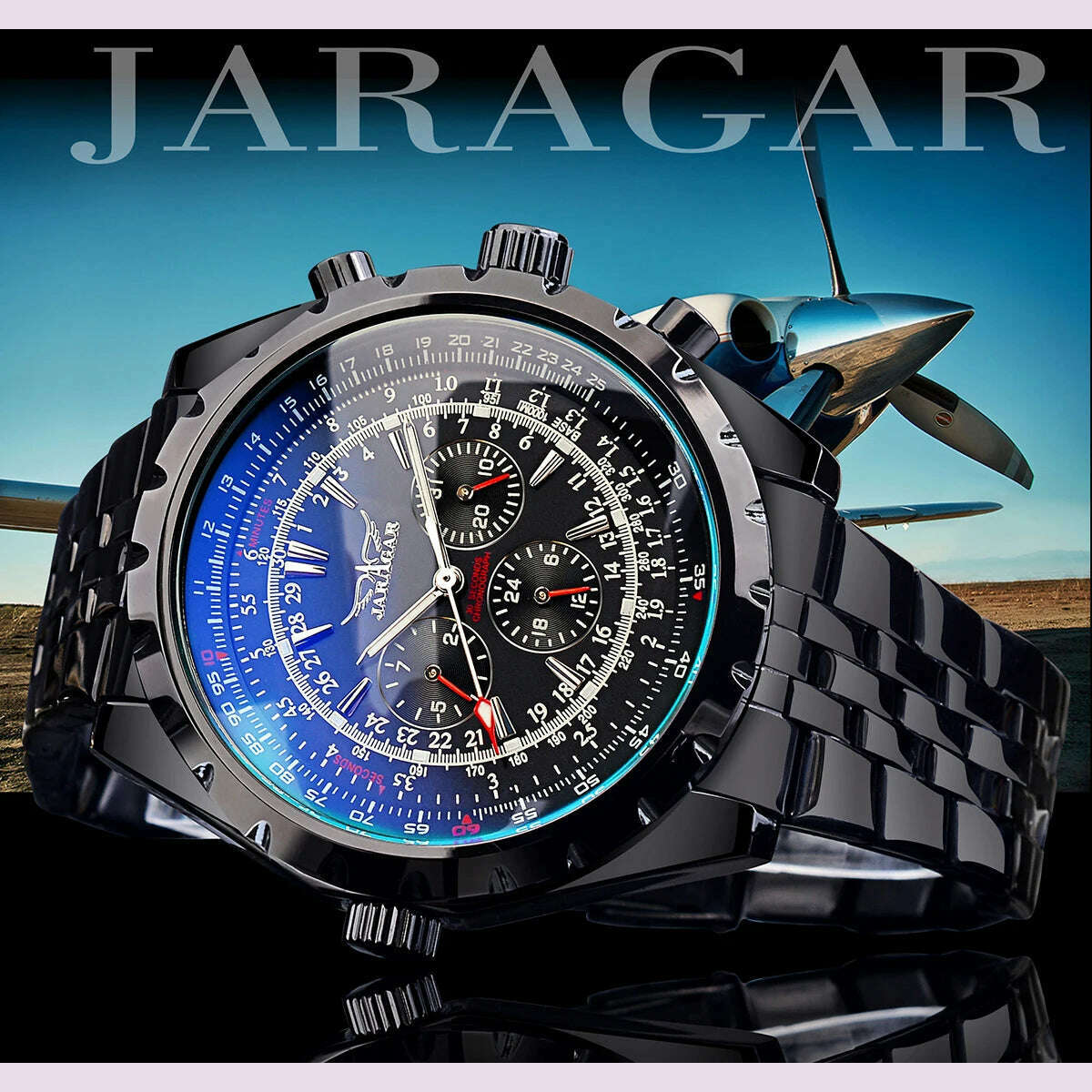 Jaragar Blue Glass Design Black Silver Automatic Watch Stainless Steel Date Clock Luminous Men Business Mechanical Wristwatch
