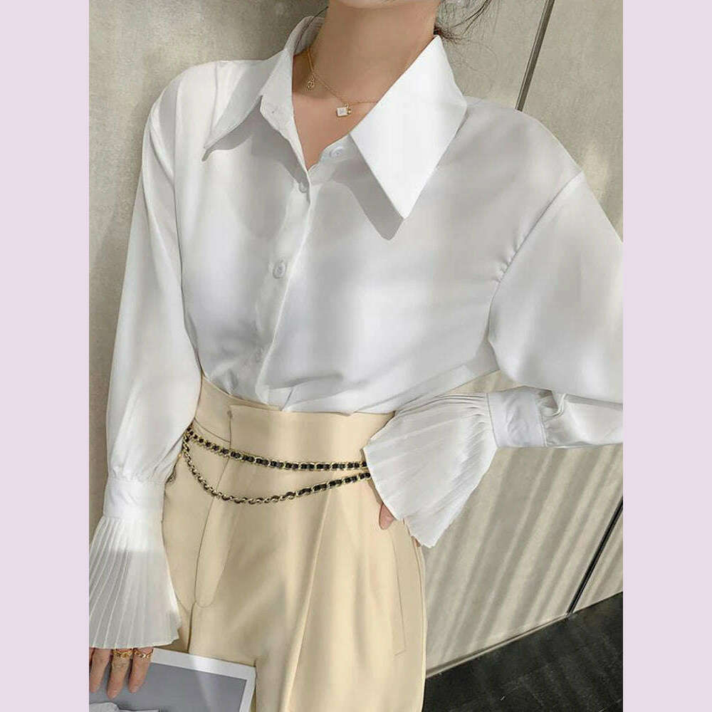 Jmprs Designed Women Flare Sleeve Women Shirts Office Ladies White Korean Fashion Fall Tops Elegant Button Up Female Shirt
