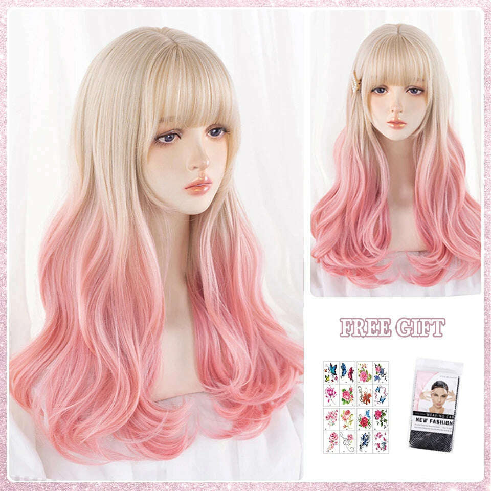 LM Long Natural Wavy Platinum Blonde Pink Wigs with Bangs Cosplay Party Lolita Synthetic Wigs for Women Heat Resistant Fiber