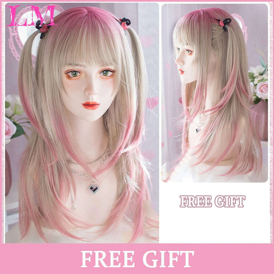 LM Long Natural Wavy Platinum Blonde Pink Wigs with Bangs Cosplay Party Lolita Synthetic Wigs for Women Heat Resistant Fiber