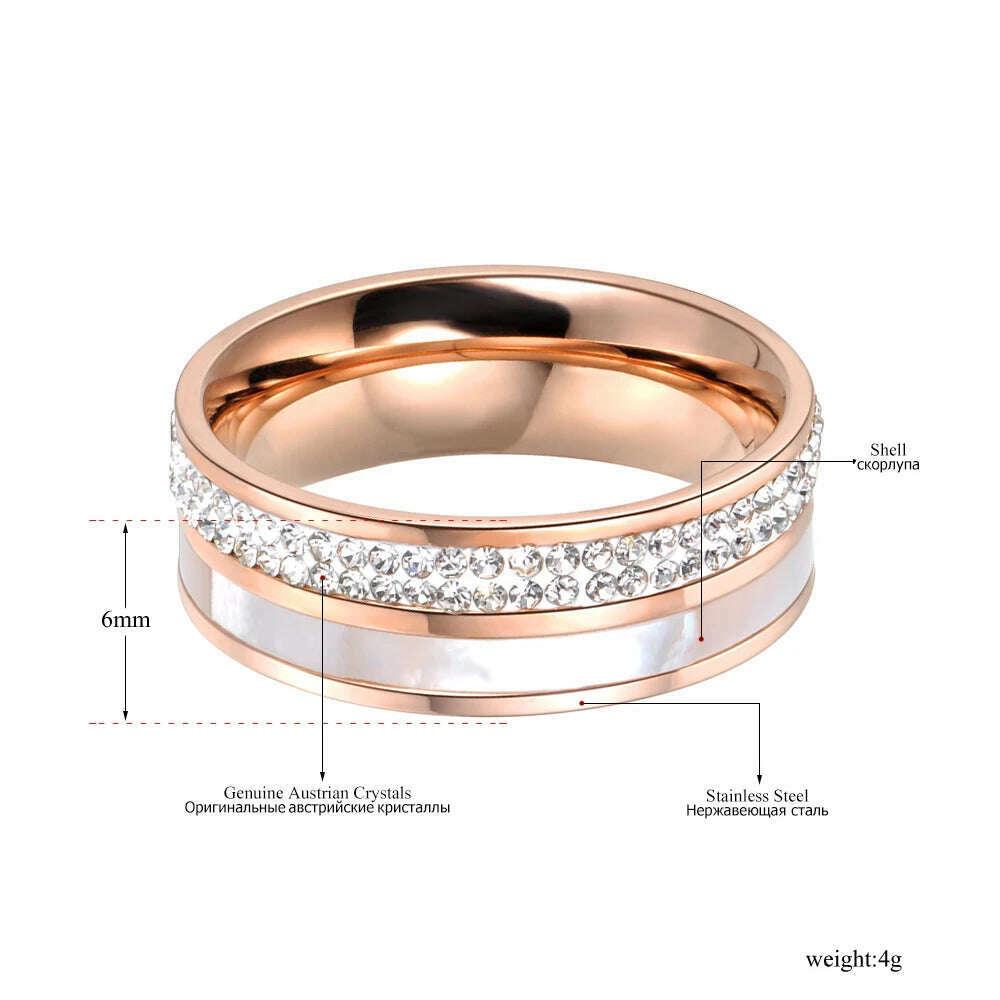 Lokaer Rose Gold Color White Rhinestone Shell Wedding Rings Jewelry 316L Stainless Steel Engagement Ring For Women Кольцо R18050