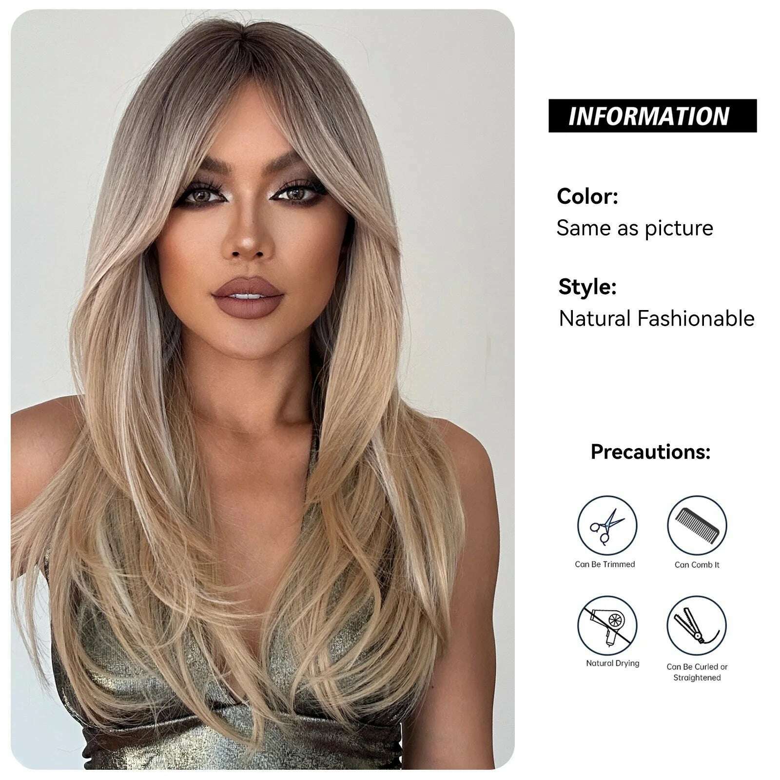 Long Straight Layered Wigs Blonde Platinum Highlight Wig with Bangs Cosplay Daily Use Natural Hair Heat Resistant Wig for Women