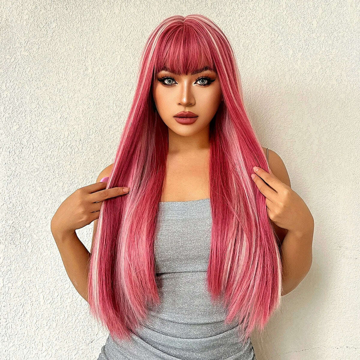 Long Straight Pink Mixed White Synthetic Wigs with Bangs Halloween Cosplay Colorful Wigs for Women Natural Hair Heat Resistant
