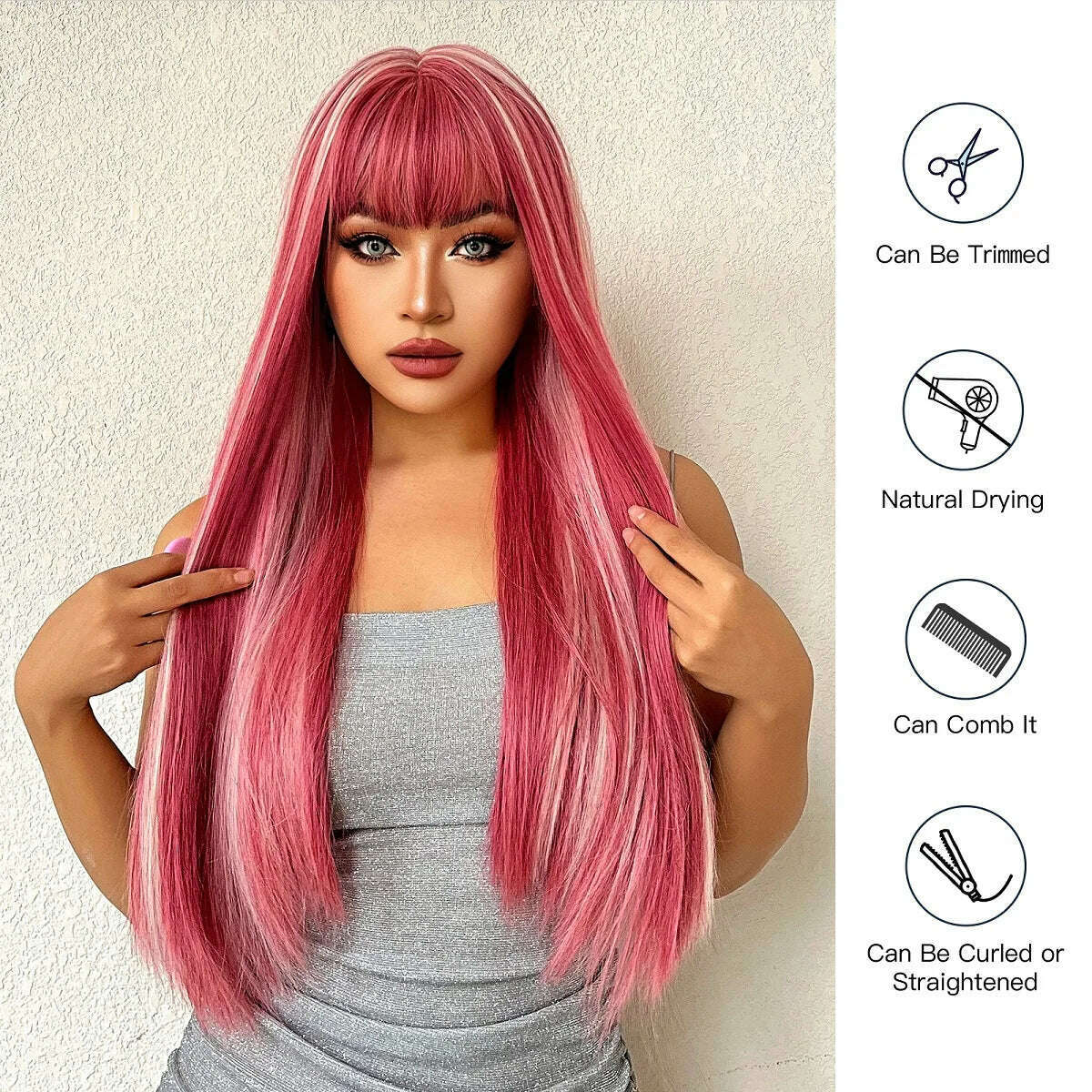 Long Straight Pink Mixed White Synthetic Wigs with Bangs Halloween Cosplay Colorful Wigs for Women Natural Hair Heat Resistant