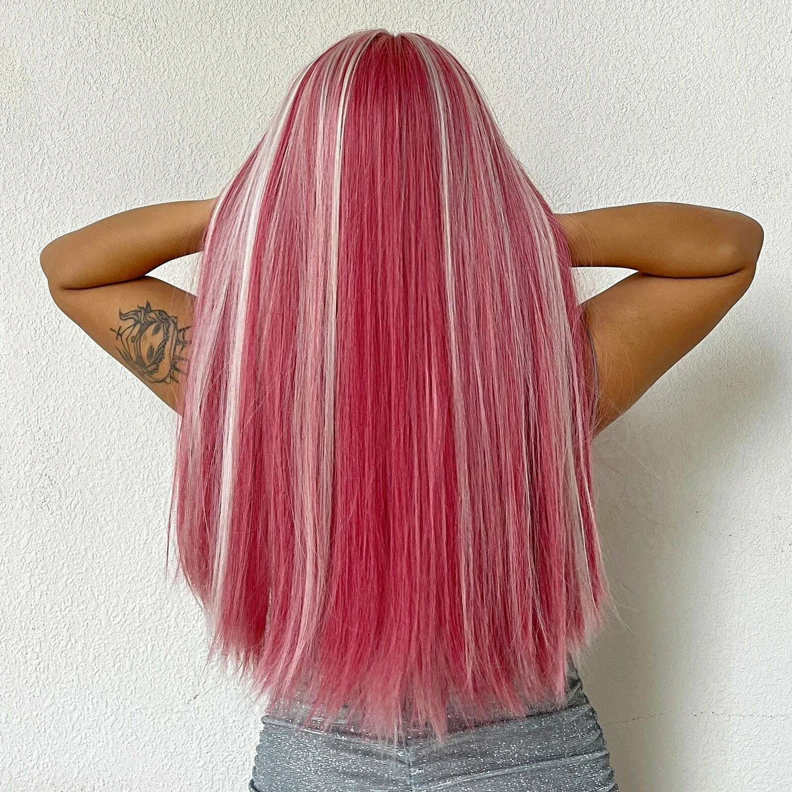 Long Straight Pink Mixed White Synthetic Wigs with Bangs Halloween Cosplay Colorful Wigs for Women Natural Hair Heat Resistant