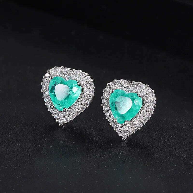 Luxury 925 Sterling Silver Paraiba Heart Necklace Earrings Ring for Women Girl Wedding Dinner Party Jewelry Set Anniversary Gift