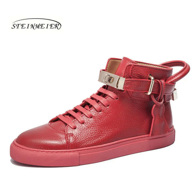 Men Embossed High Top Sneakers Lock Lace Red Metal Real Leather Designer Flat Men Platform Casual Shoes