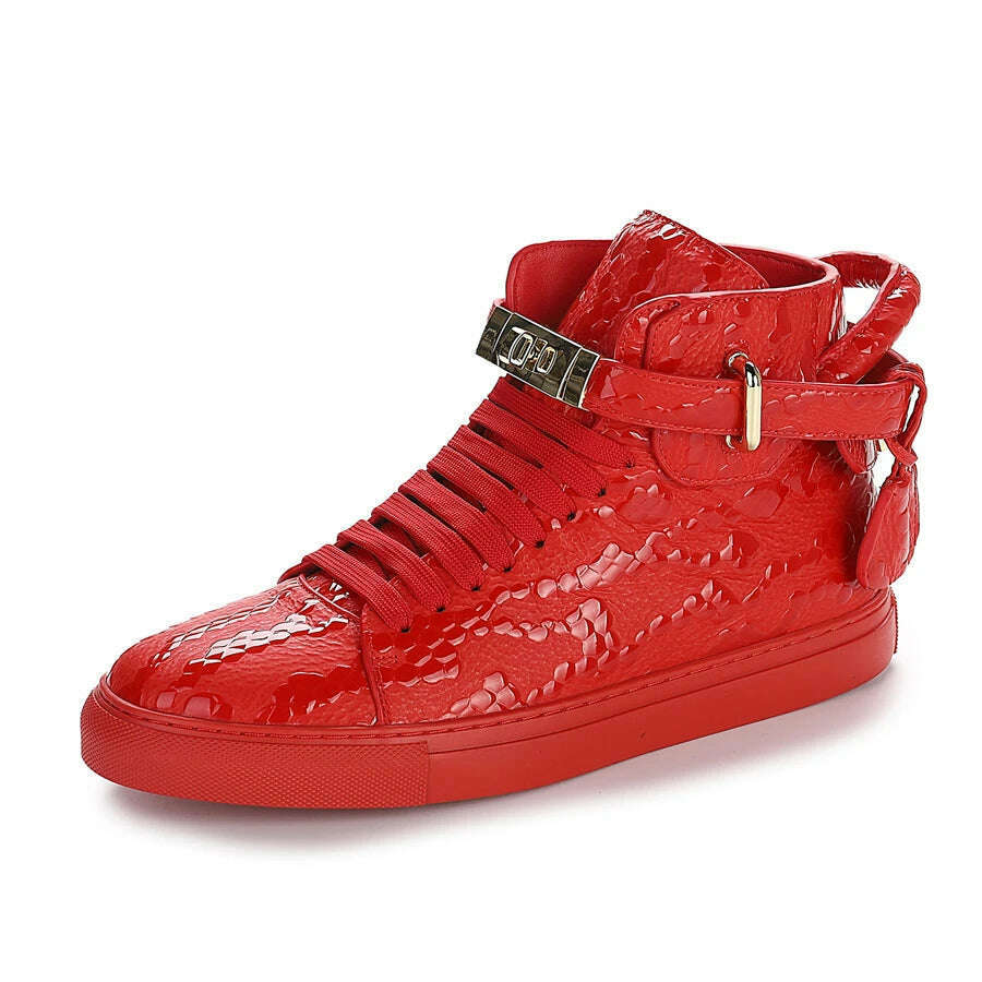 Men Embossed High Top Sneakers Lock Lace Red Metal Real Leather Designer Flat Men Platform Casual Shoes