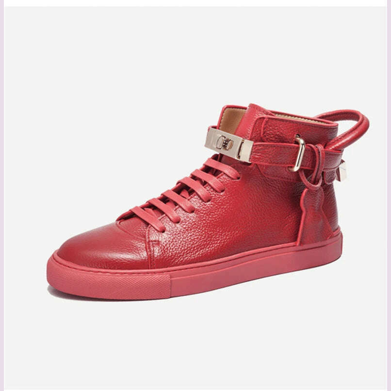 Men Embossed High Top Sneakers Lock Lace Red Metal Real Leather Designer Flat Men Platform Casual Shoes
