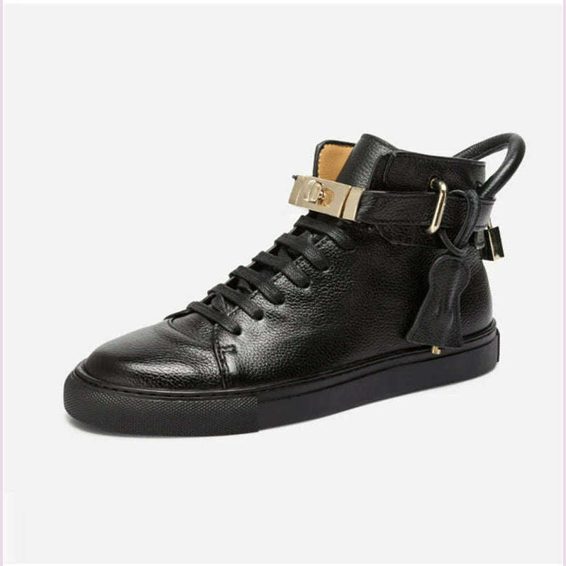 Men Embossed High Top Sneakers Lock Lace Red Metal Real Leather Designer Flat Men Platform Casual Shoes