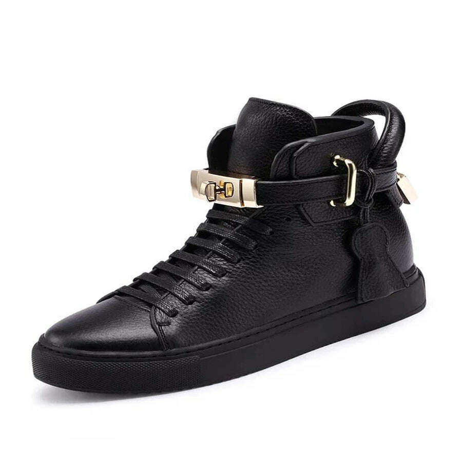 Men Embossed High Top Sneakers Lock Lace Red Metal Real Leather Designer Flat Men Platform Casual Shoes