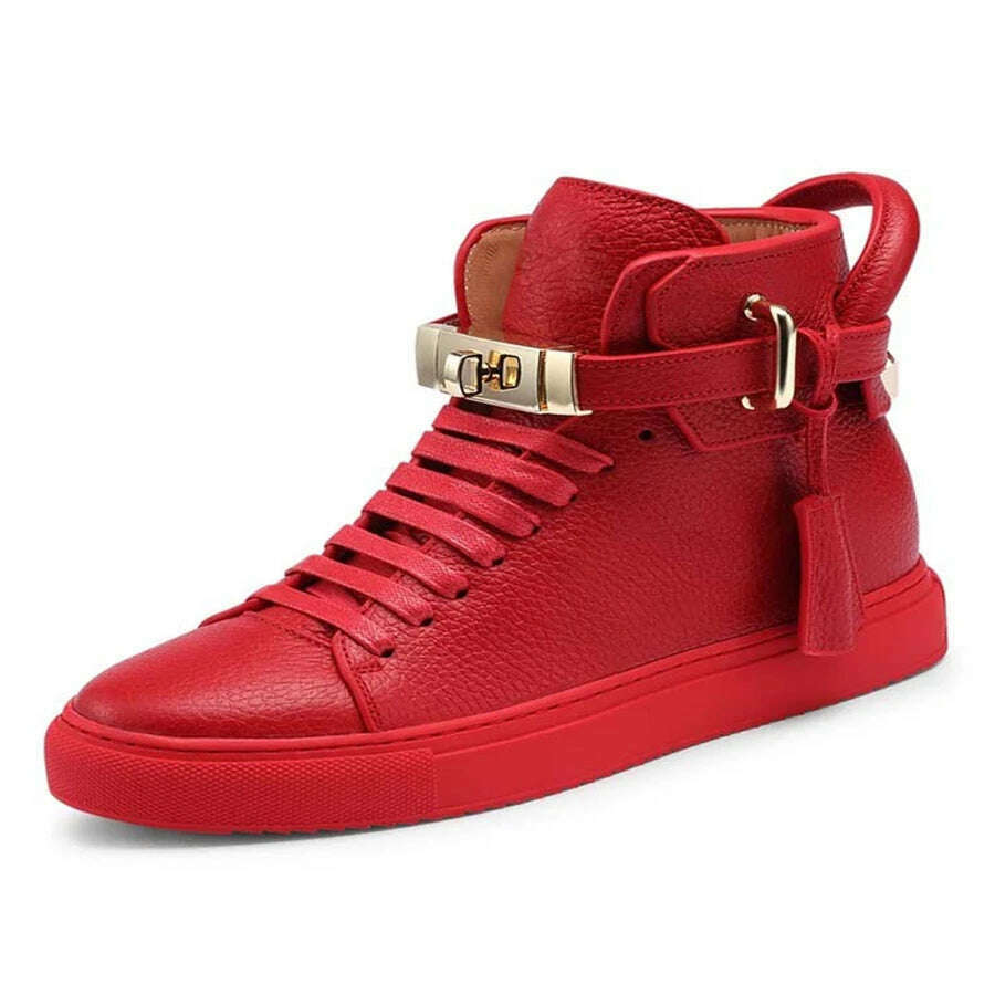 Men Embossed High Top Sneakers Lock Lace Red Metal Real Leather Designer Flat Men Platform Casual Shoes