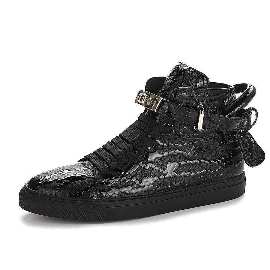 Men Embossed High Top Sneakers Lock Lace Red Metal Real Leather Designer Flat Men Platform Casual Shoes