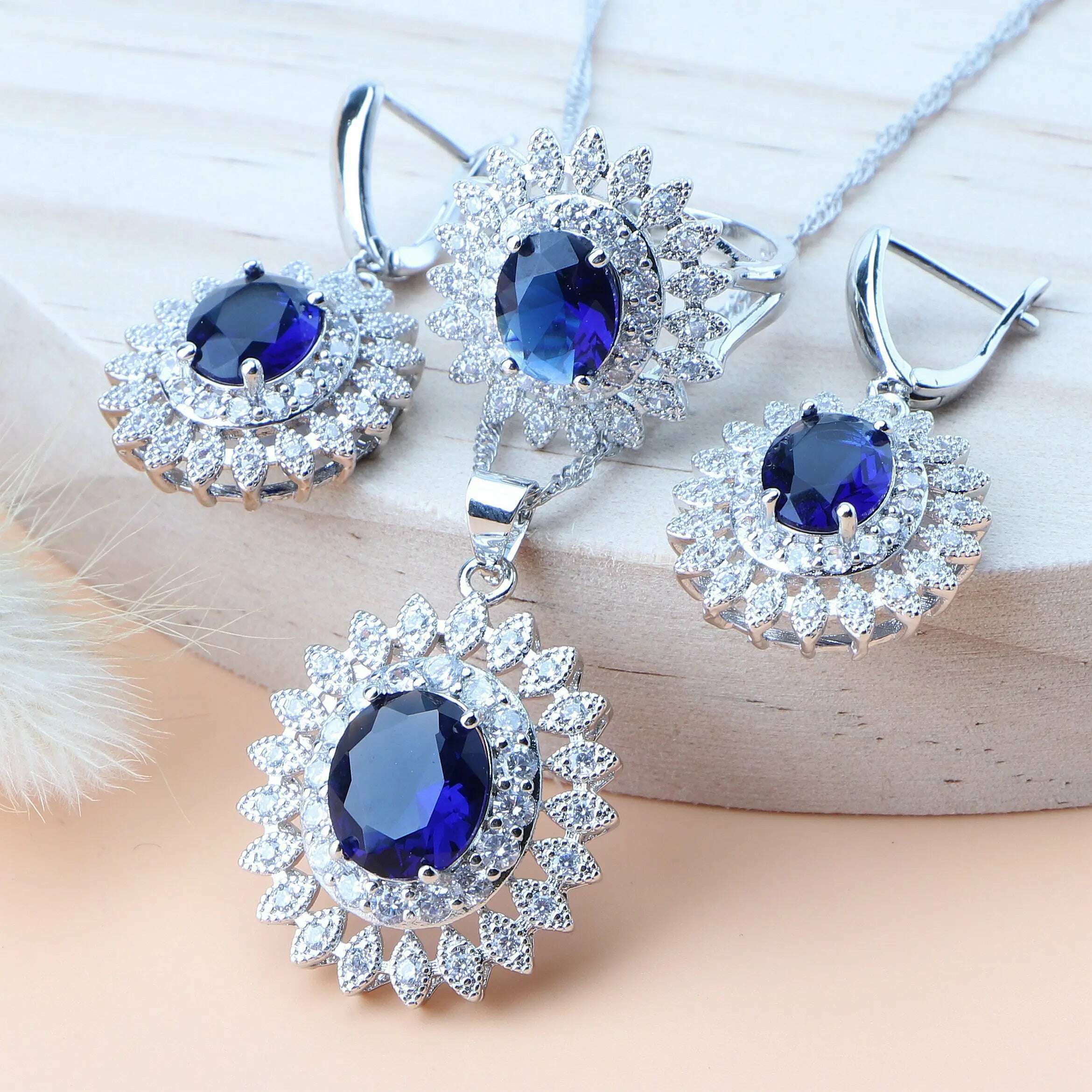 Natural Bridal Jewelry Sets Silver 925 Jewelry Ring Pendant Necklace Earrings Bracelets Wedding Blue Cubic Zircon Set For Women