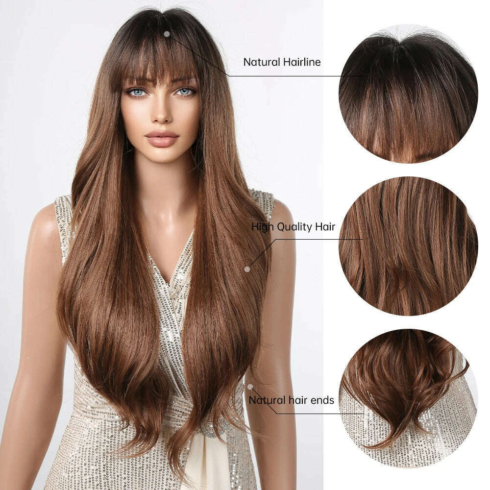 Ombre Honey Brown Synthetic Hair Wigs Long Natural Body Wavy Wig with Bangs Realistic Daily Party Soft Wig Heat Resistant Fiber