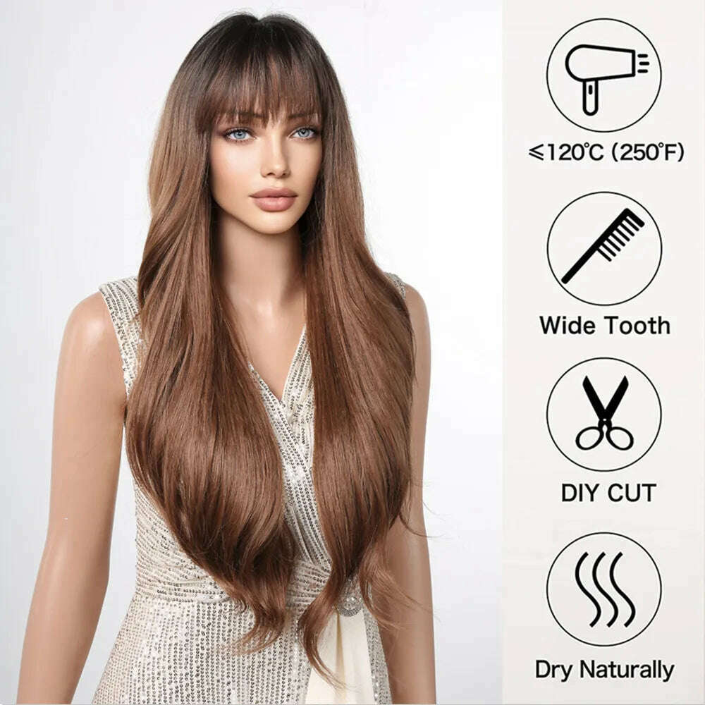 Ombre Honey Brown Synthetic Hair Wigs Long Natural Body Wavy Wig with Bangs Realistic Daily Party Soft Wig Heat Resistant Fiber