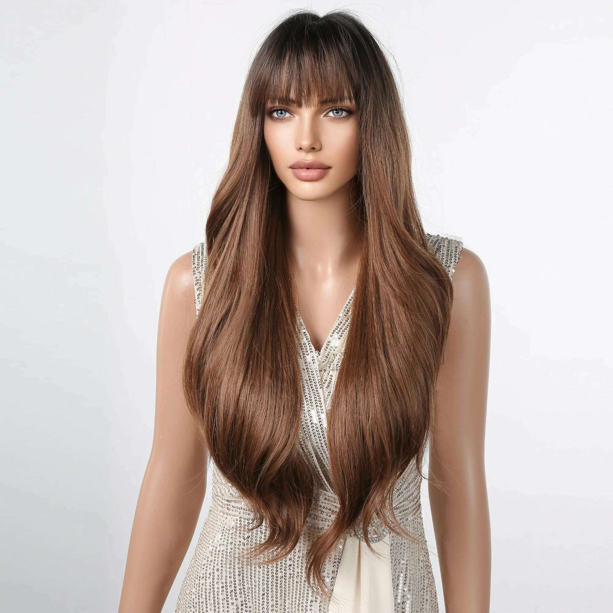 Ombre Honey Brown Synthetic Hair Wigs Long Natural Body Wavy Wig with Bangs Realistic Daily Party Soft Wig Heat Resistant Fiber