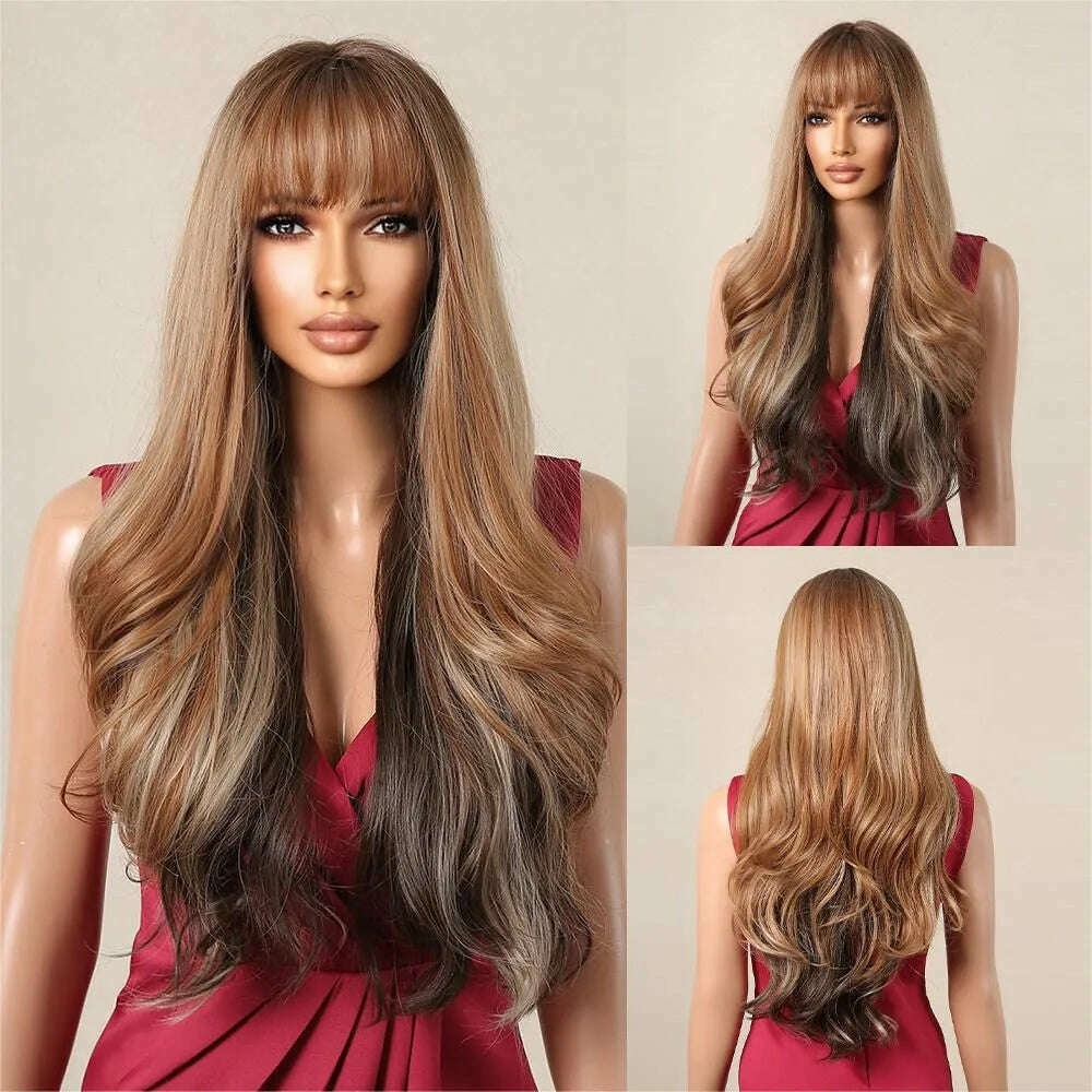 Ombre Honey Brown Synthetic Hair Wigs Long Natural Body Wavy Wig with Bangs Realistic Daily Party Soft Wig Heat Resistant Fiber