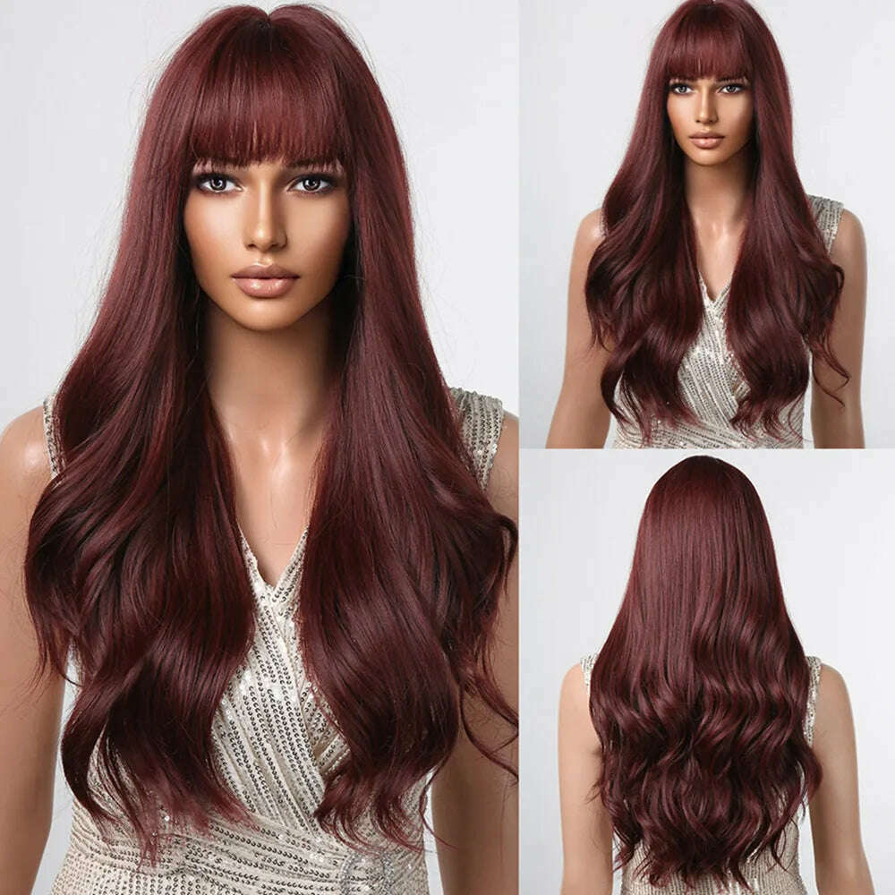 Ombre Honey Brown Synthetic Hair Wigs Long Natural Body Wavy Wig with Bangs Realistic Daily Party Soft Wig Heat Resistant Fiber