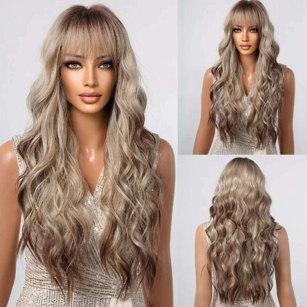 Ombre Honey Brown Synthetic Hair Wigs Long Natural Body Wavy Wig with Bangs Realistic Daily Party Soft Wig Heat Resistant Fiber