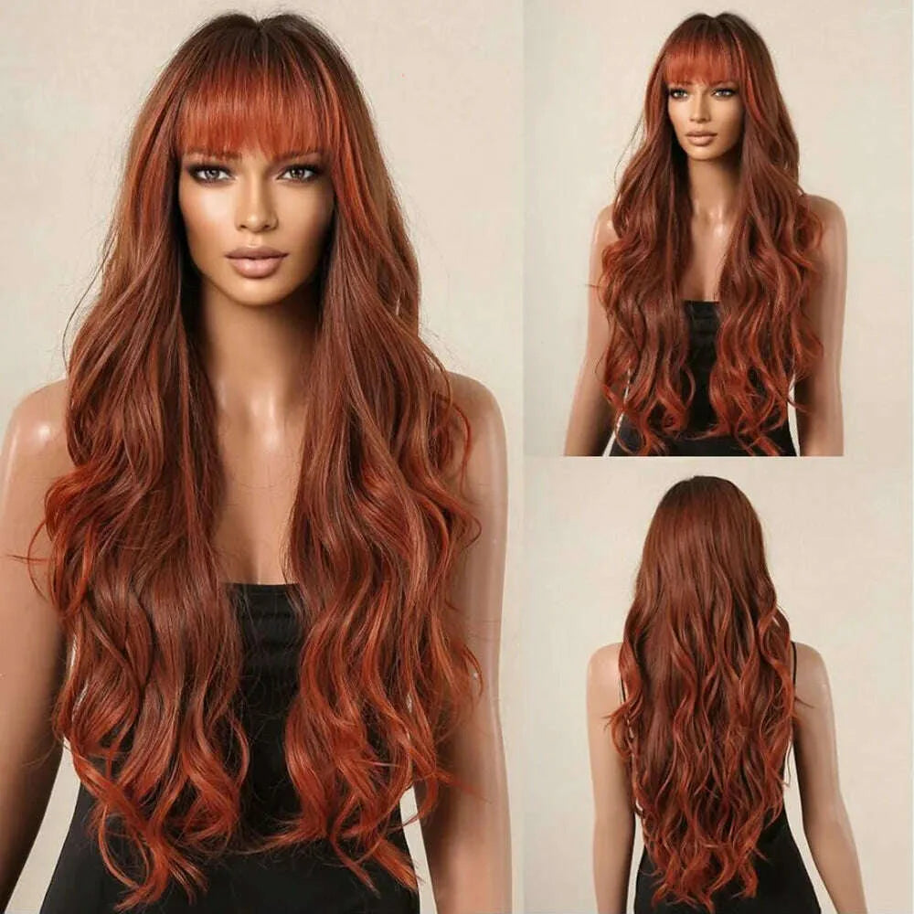 Ombre Honey Brown Synthetic Hair Wigs Long Natural Body Wavy Wig with Bangs Realistic Daily Party Soft Wig Heat Resistant Fiber