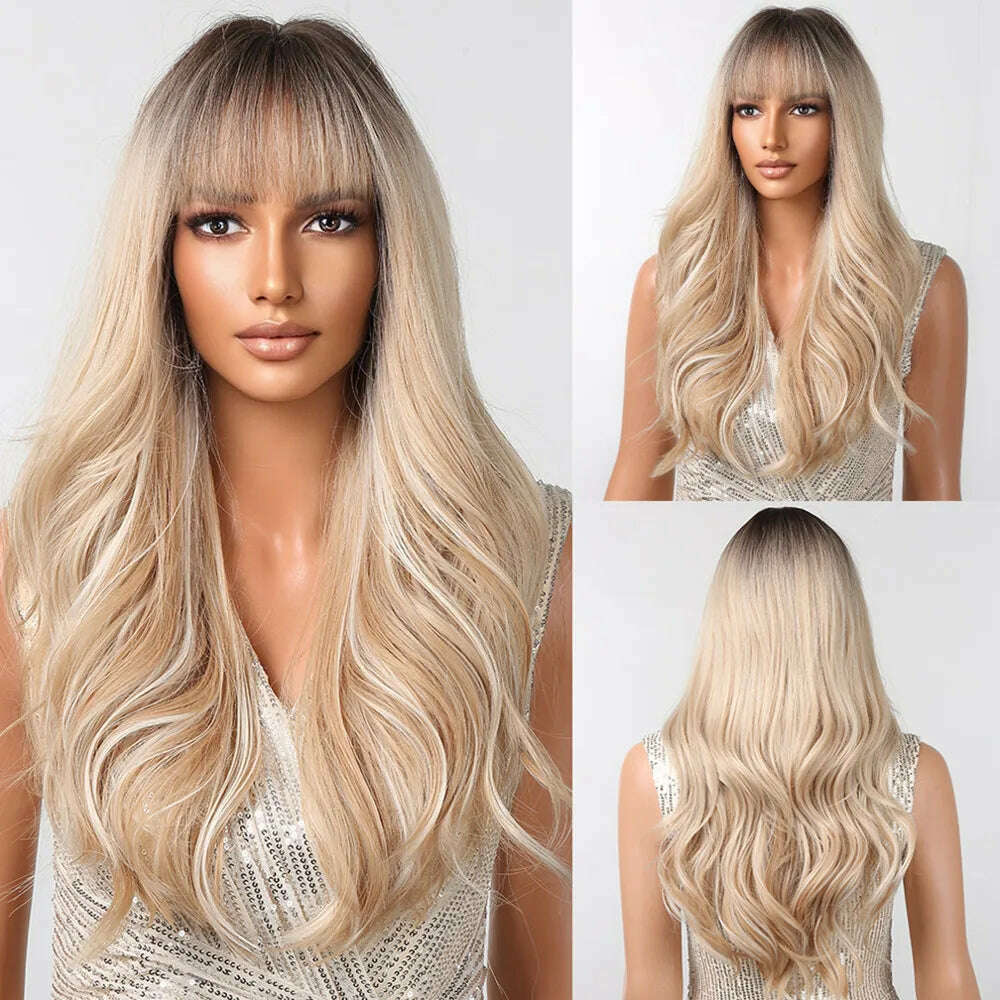 Ombre Honey Brown Synthetic Hair Wigs Long Natural Body Wavy Wig with Bangs Realistic Daily Party Soft Wig Heat Resistant Fiber