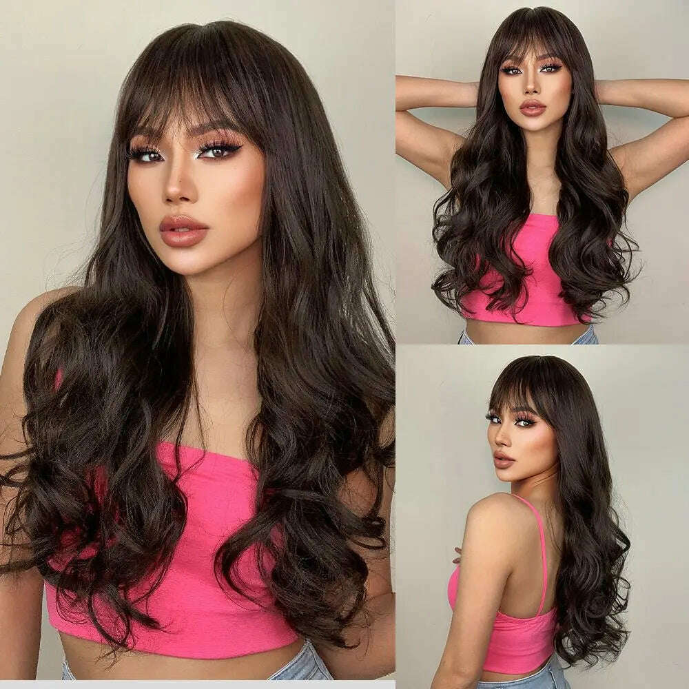 Ombre Honey Brown Synthetic Hair Wigs Long Natural Body Wavy Wig with Bangs Realistic Daily Party Soft Wig Heat Resistant Fiber