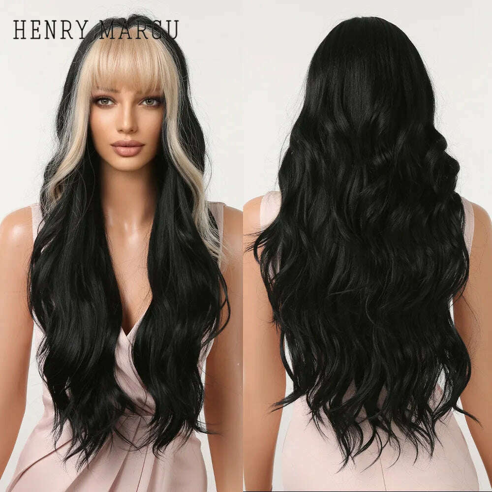 Ombre Honey Brown Synthetic Hair Wigs Long Natural Body Wavy Wig with Bangs Realistic Daily Party Soft Wig Heat Resistant Fiber