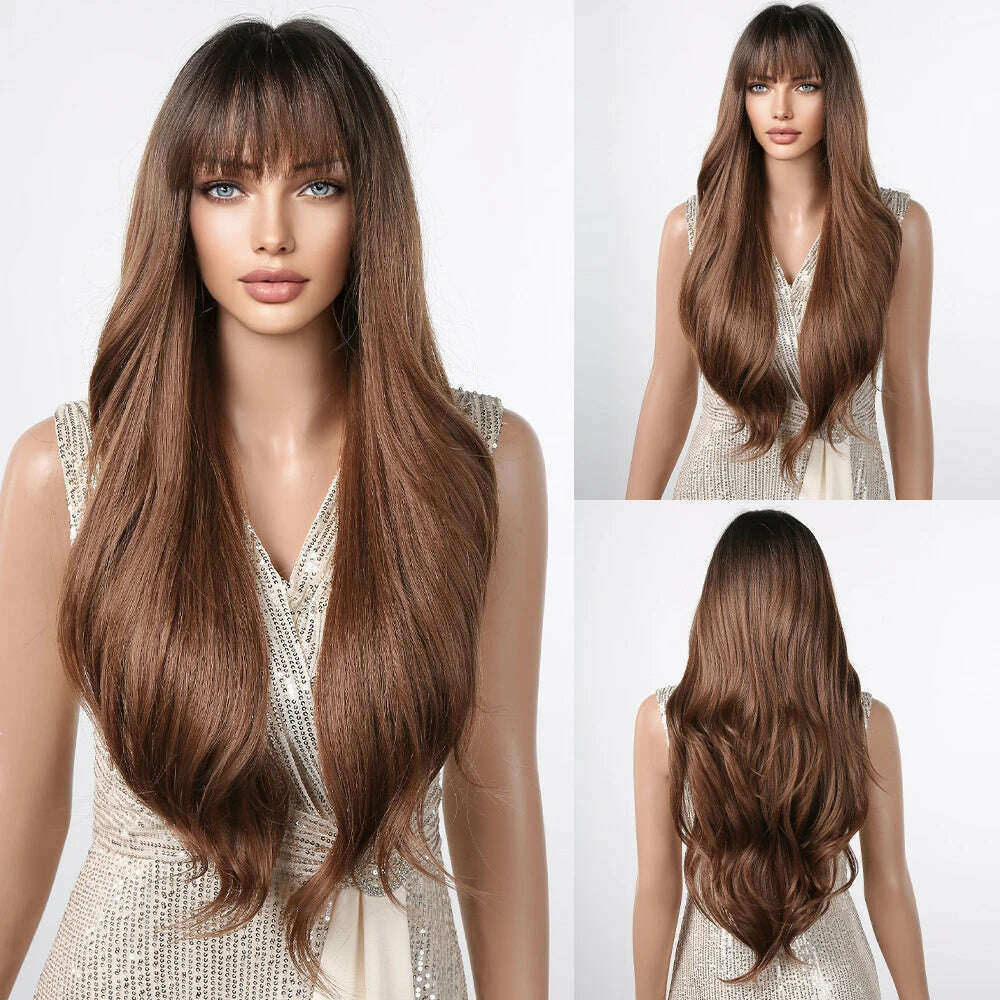 Ombre Honey Brown Synthetic Hair Wigs Long Natural Body Wavy Wig with Bangs Realistic Daily Party Soft Wig Heat Resistant Fiber
