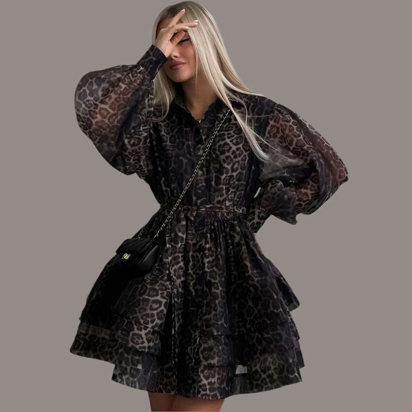 Oymimi Fashion Brown Leopard Print Women's Dress Elegant Long Sleeve Buton Lace-Up Dresses Casual Cascading Ruffle Mini Dresses