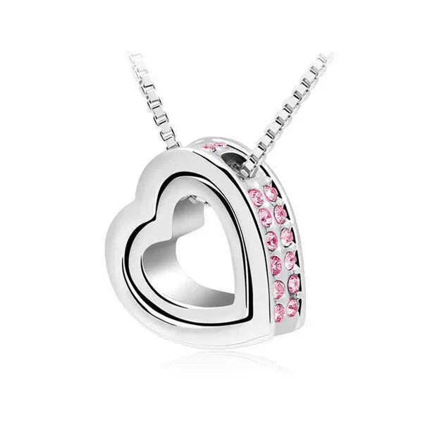 quality float double Heart Pendant sweater chain Necklace crystal shine rhinestone charm birthday gift girls wed fashion jewelry
