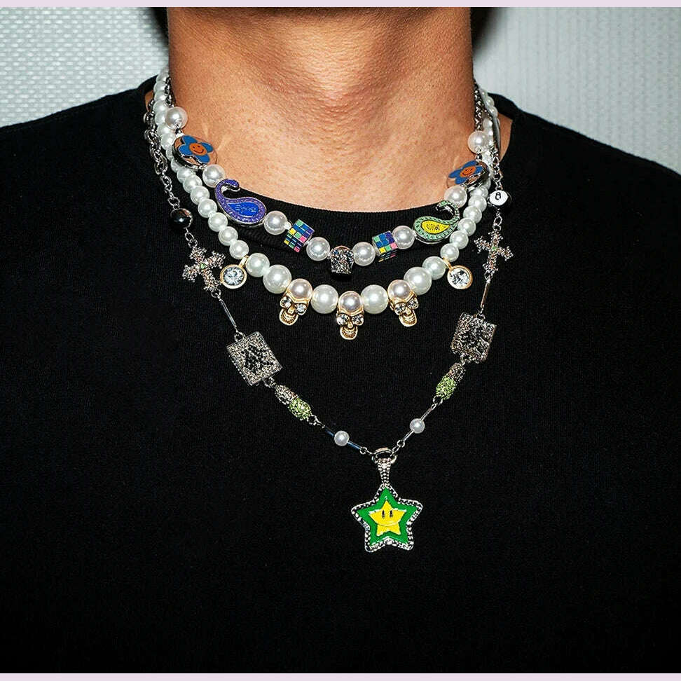 SALUTE ACADEMY EVA Hip Hop Punk Diamond Pearl Skull Personality Cool Necklace Set For Men Women Girls Party Rapper Jewelry Gift