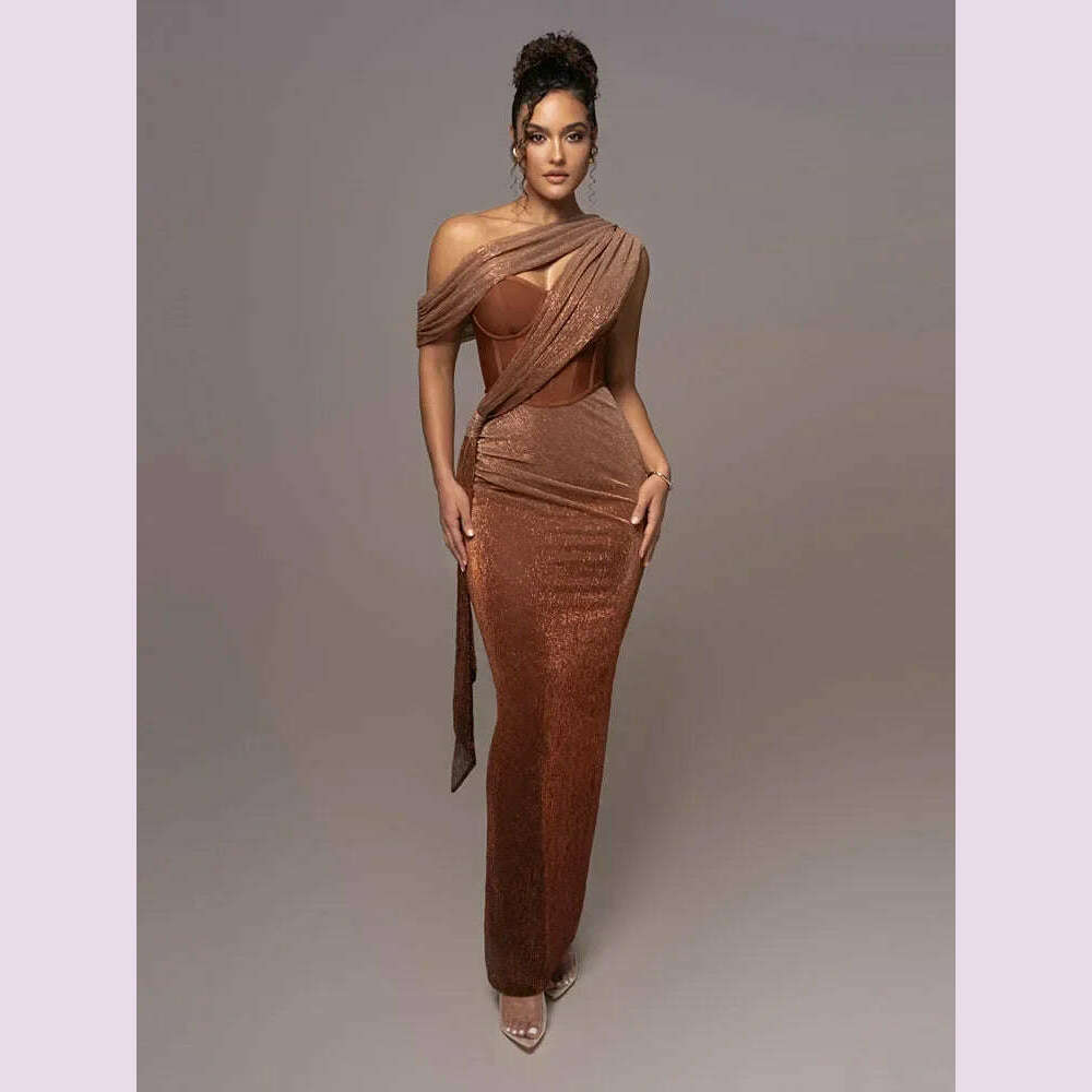 Sexy One Shoulder Draped Glitter Long Dress Women Brown Corset Sparkly Backless Bodycon Maxi Dresses Evening Party Gowns