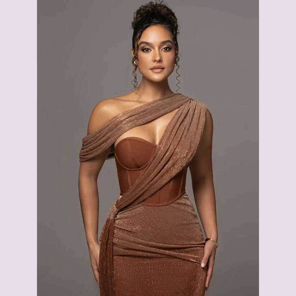 Sexy One Shoulder Draped Glitter Long Dress Women Brown Corset Sparkly Backless Bodycon Maxi Dresses Evening Party Gowns