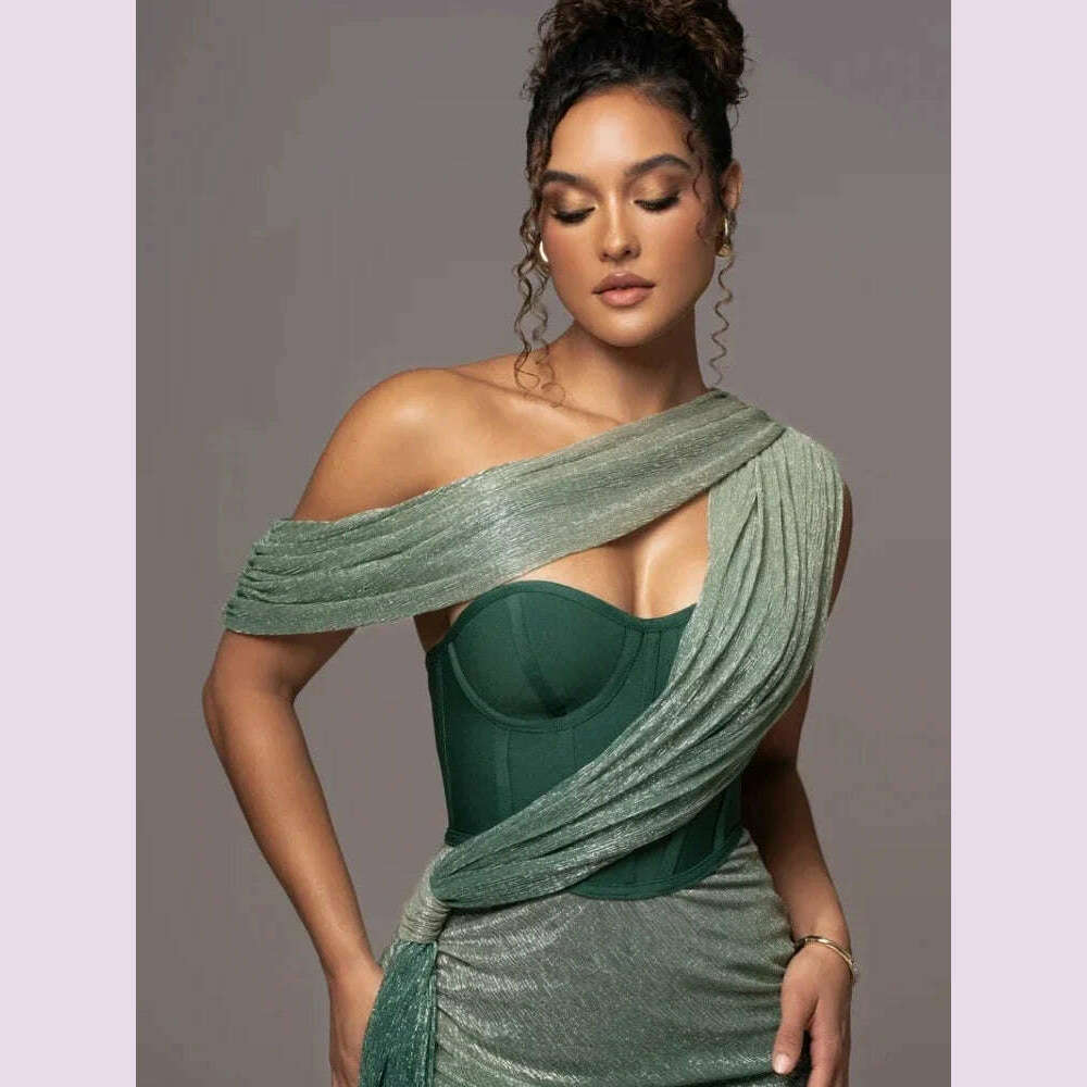 Sexy One Shoulder Draped Glitter Long Dress Women Brown Corset Sparkly Backless Bodycon Maxi Dresses Evening Party Gowns