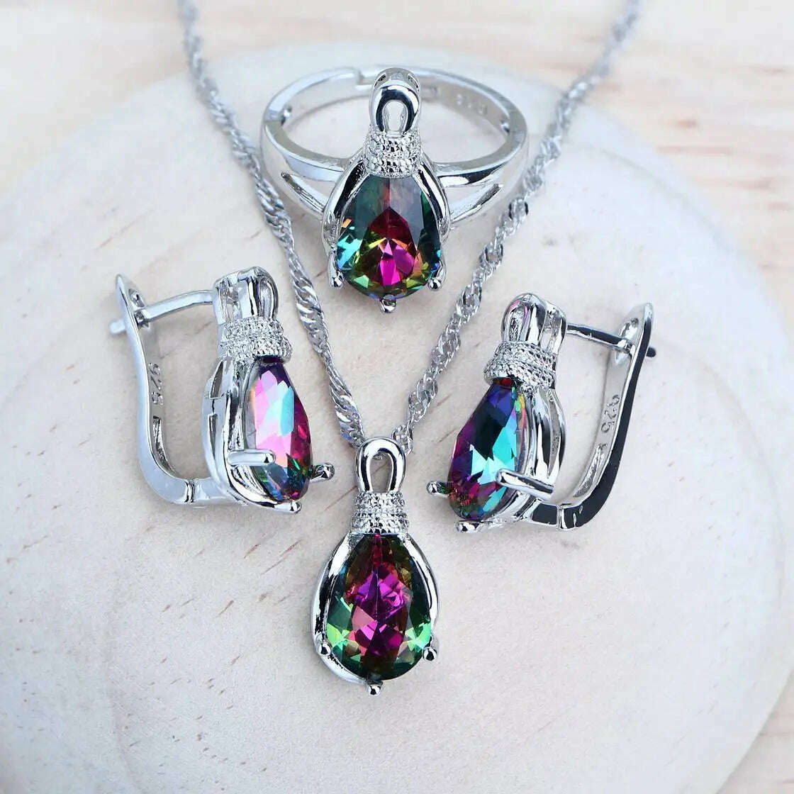 Silver 925 Women Bridal Jewelry Sets Wedding Costume Jewellery Rainbow Cubic Zirconia Earrings Rings Bracelets Pendant Necklace