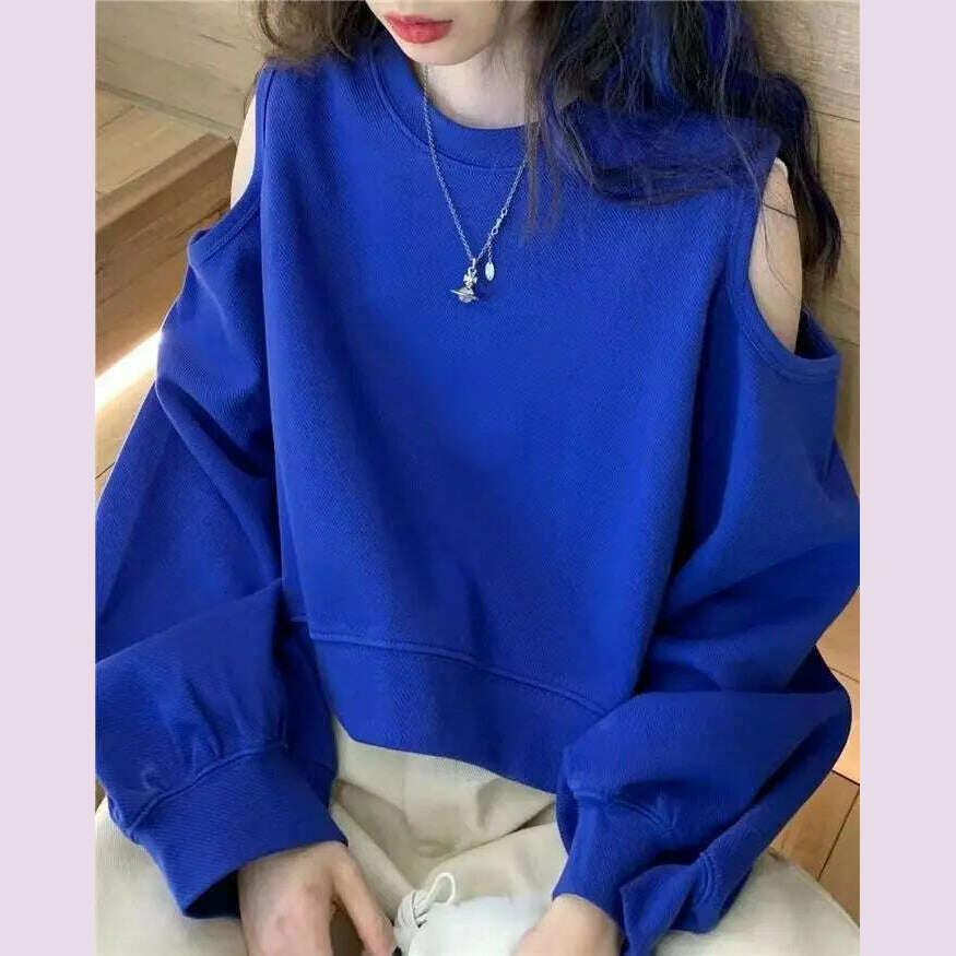 Spring Autumn Casual Fashion Hollow Out Sweatshirt Ladies Loose All-match Off the Shoulder Top Women Korean Style Solid Pullover