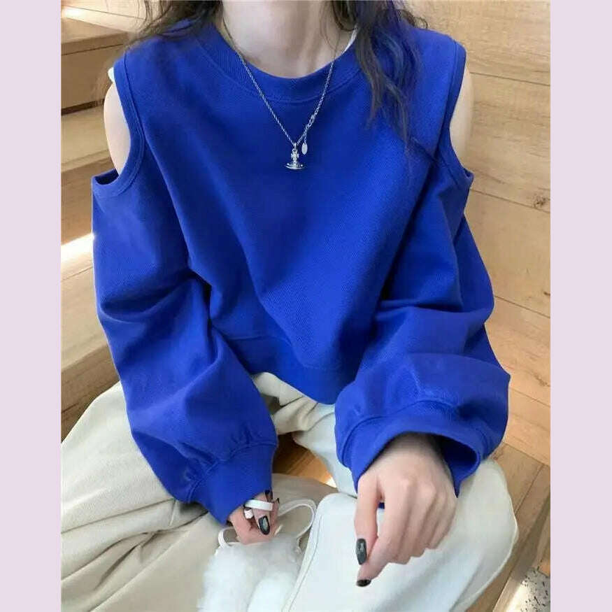 Spring Autumn Casual Fashion Hollow Out Sweatshirt Ladies Loose All-match Off the Shoulder Top Women Korean Style Solid Pullover