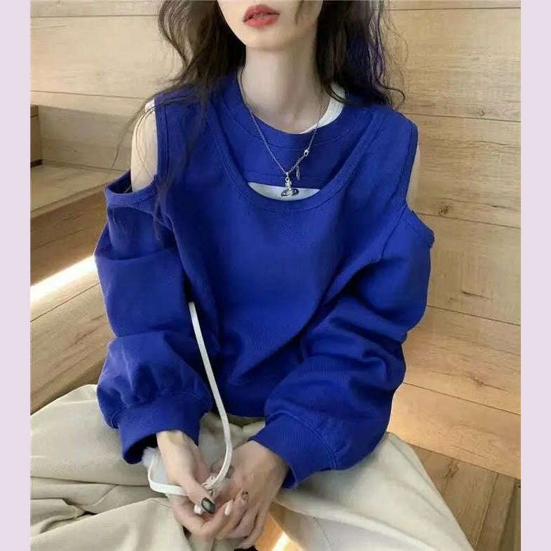 Spring Autumn Casual Fashion Hollow Out Sweatshirt Ladies Loose All-match Off the Shoulder Top Women Korean Style Solid Pullover