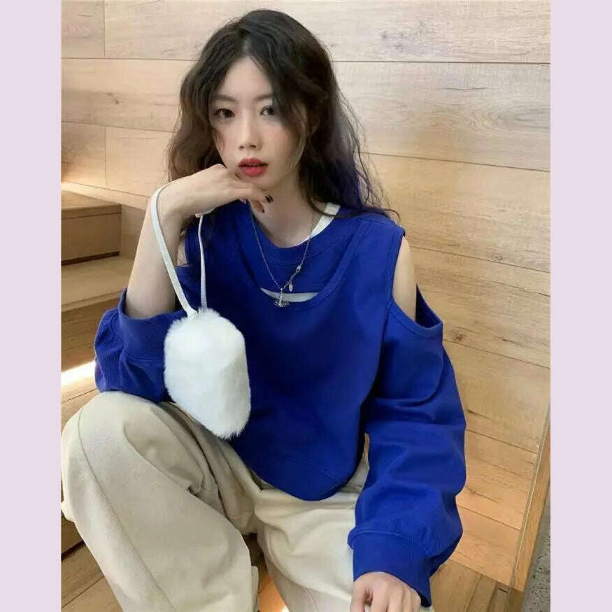Spring Autumn Casual Fashion Hollow Out Sweatshirt Ladies Loose All-match Off the Shoulder Top Women Korean Style Solid Pullover