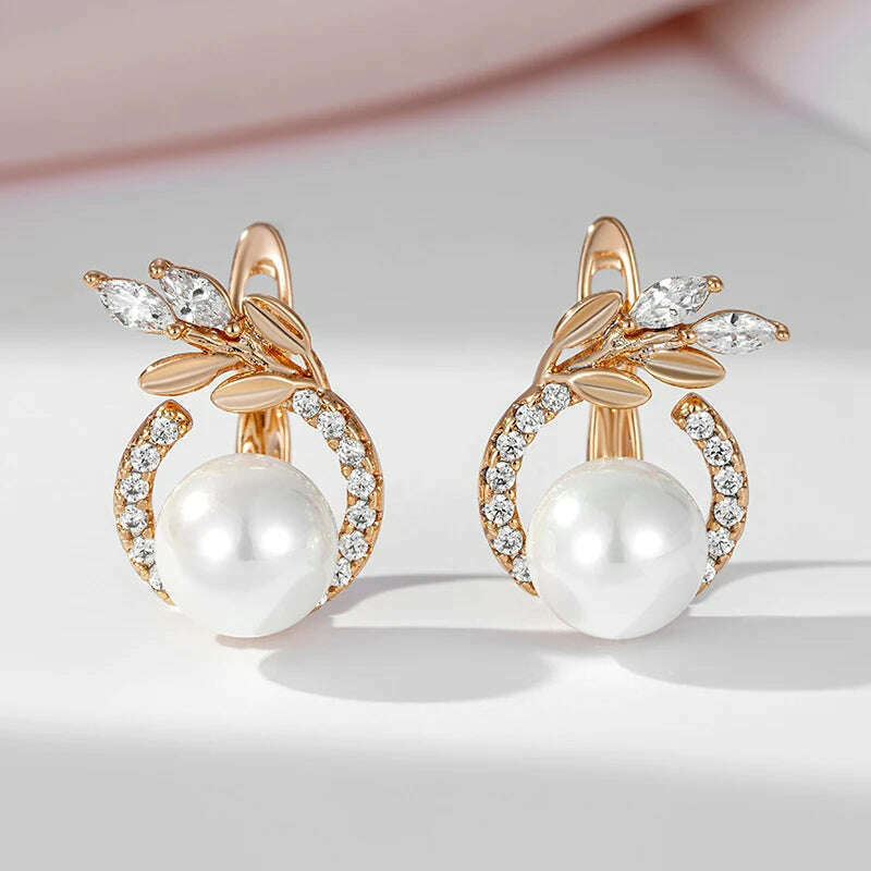 SYOUJYO 585 Rose Gold Color Pearl Earrings For Women Natural Zircon Luxury Fine Daily Jewelry Gift