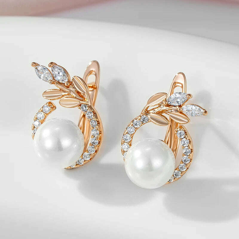 SYOUJYO 585 Rose Gold Color Pearl Earrings For Women Natural Zircon Luxury Fine Daily Jewelry Gift