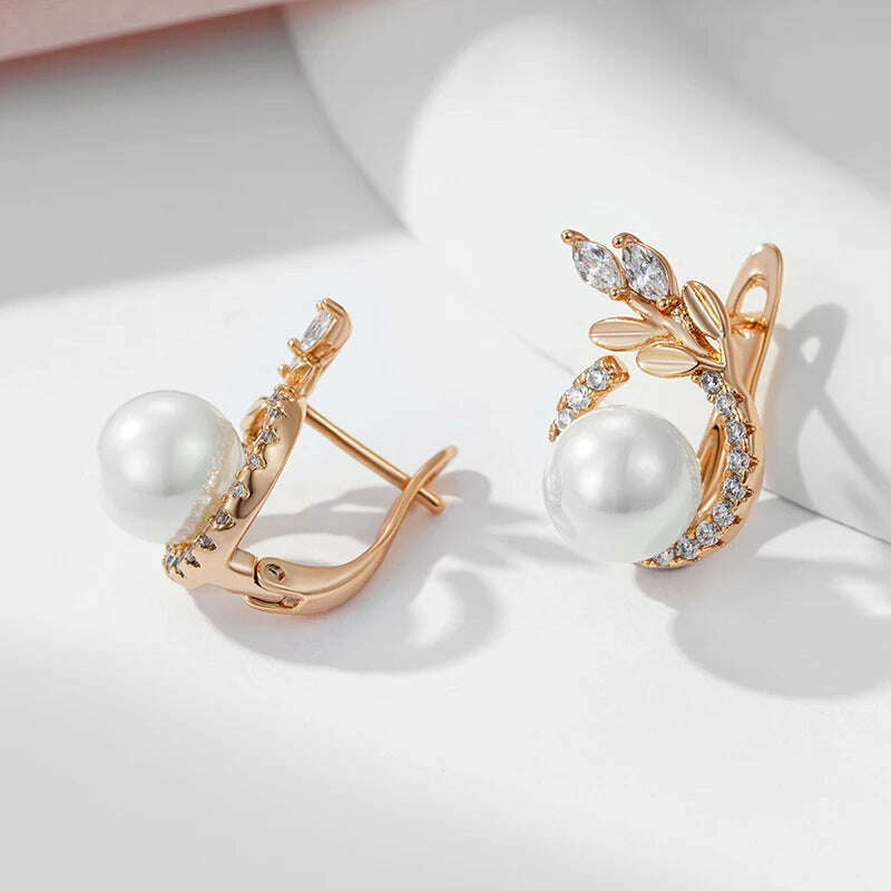 SYOUJYO 585 Rose Gold Color Pearl Earrings For Women Natural Zircon Luxury Fine Daily Jewelry Gift
