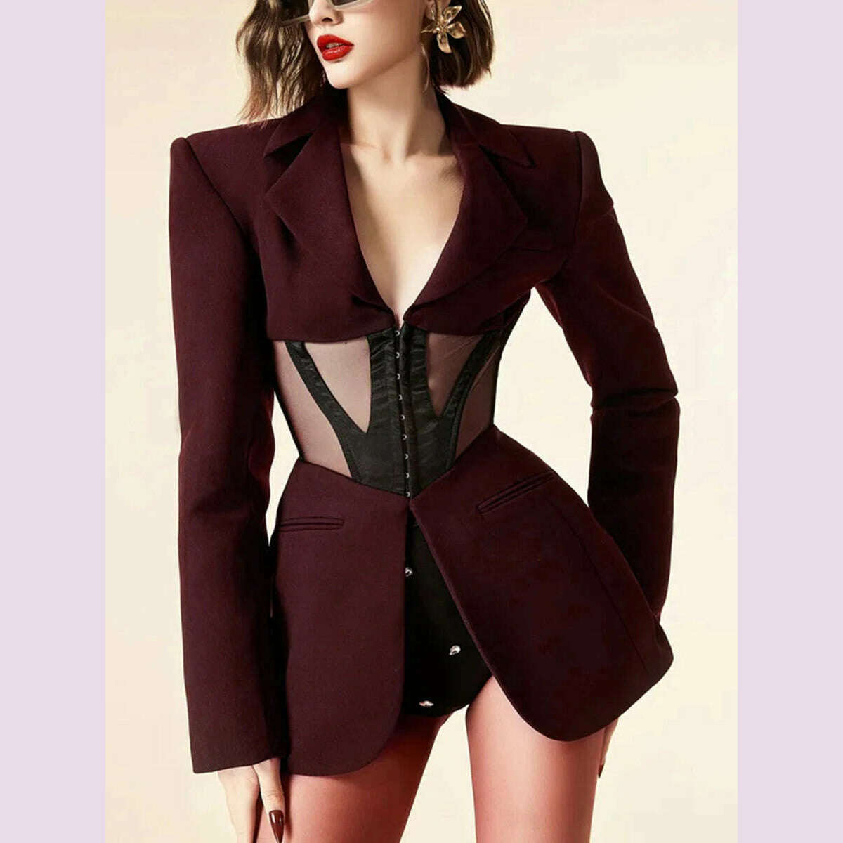 TWOTWINSTYLE Patchwork Sheer Mesh Sexy Blazers For Women Notched Collar Long Sleeve Spliced Pocket Female Fashion Clothing New